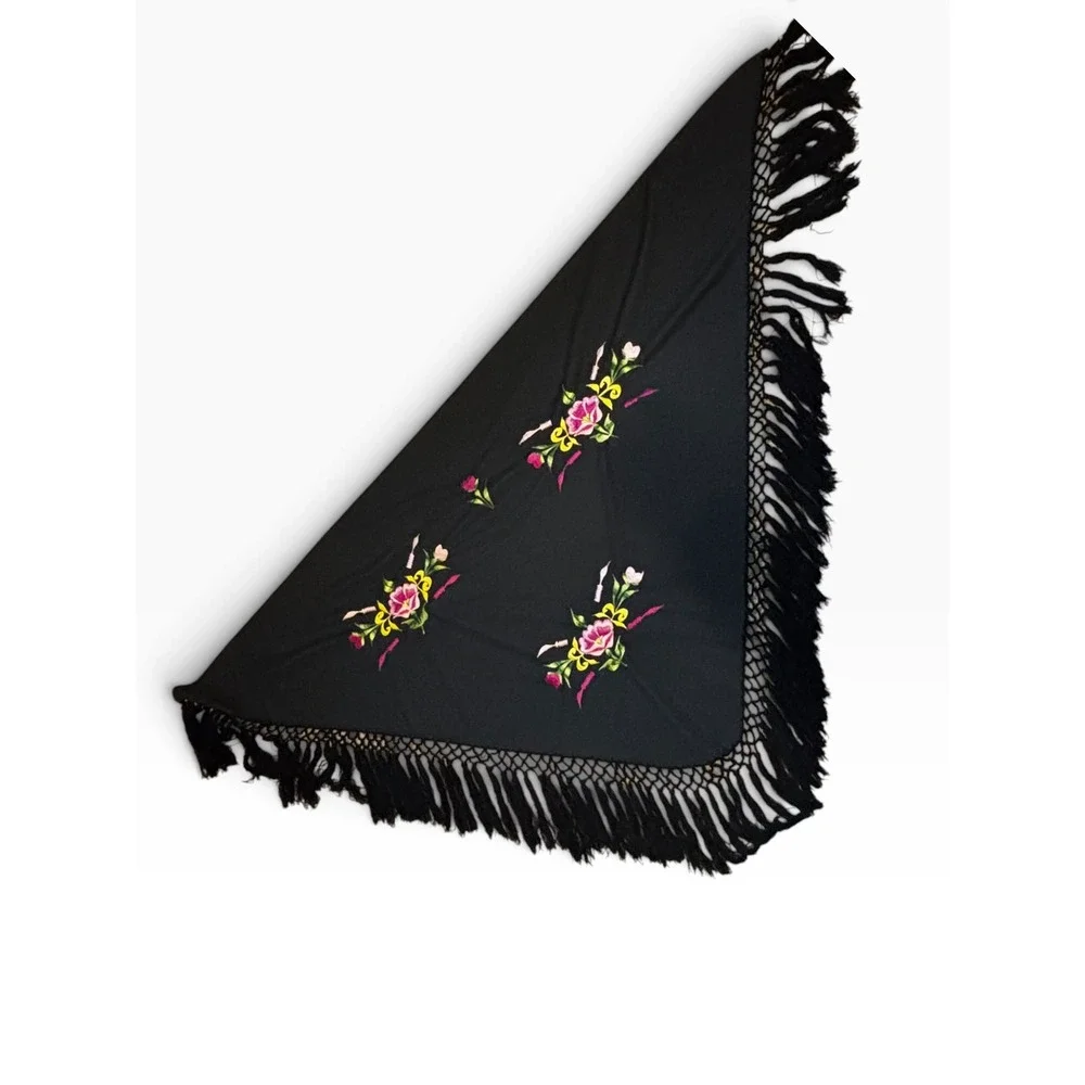 Vintage Black Floral Embroidered Triangle Shawl with Macrame Fringe Wrap